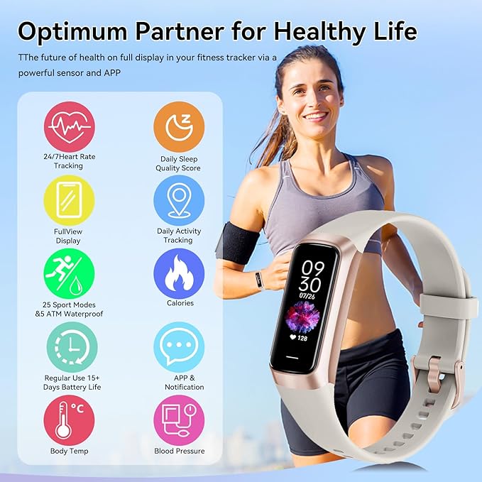 Fitness Tracker with 24/7 Heart Rate, Blood Oxygen Blood Pressure Sleep Monitor, Activity Trackers 5 ATM Waterproof,Step Calorie Counter Pedometer Health Smart Watch for Women Men (Beige)