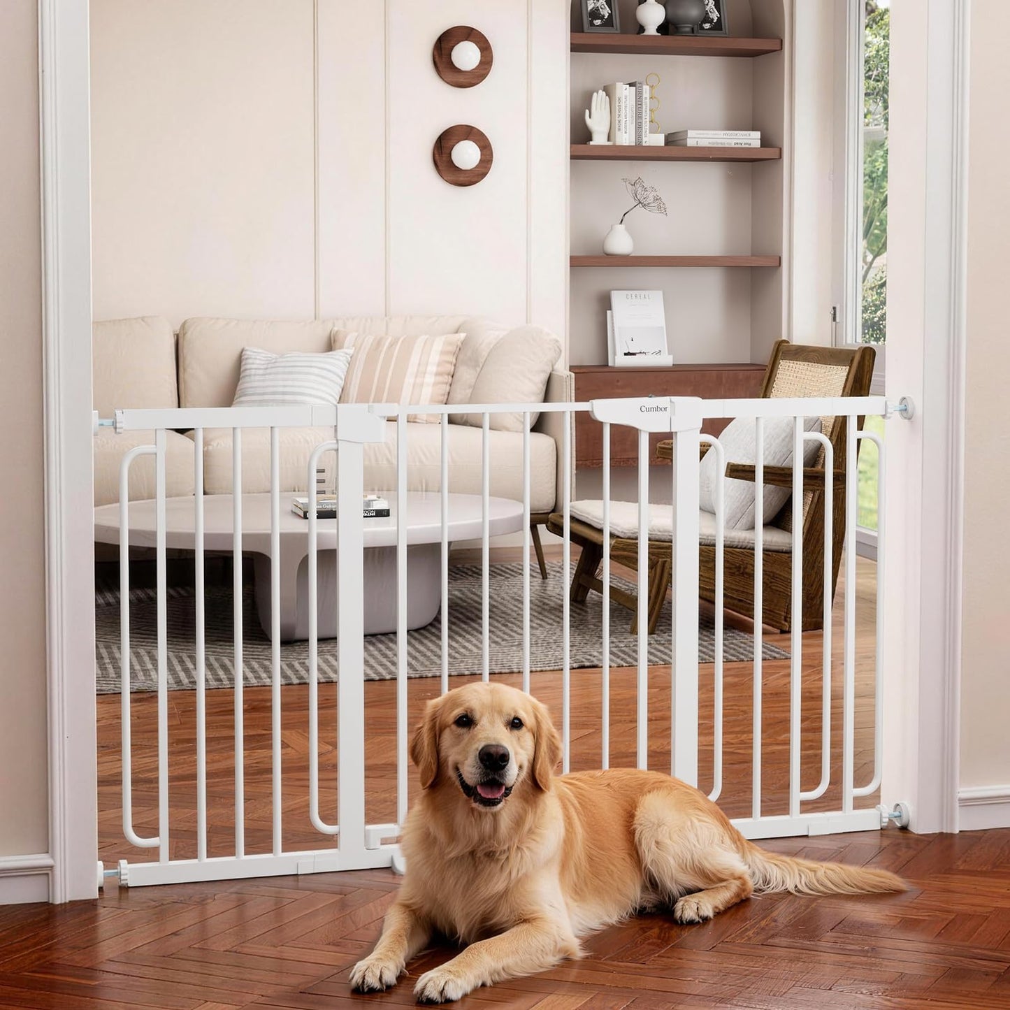 Cumbor 30.4-56.8" Extra Wide Baby Gate for Stairs, Dual Lock & Self-Closing Dog Gate Indoor, Easy Install Pet Gate for Doorways & Wide Openings, Easy Walk Thru Safety Proofing for Babies & Pets, White