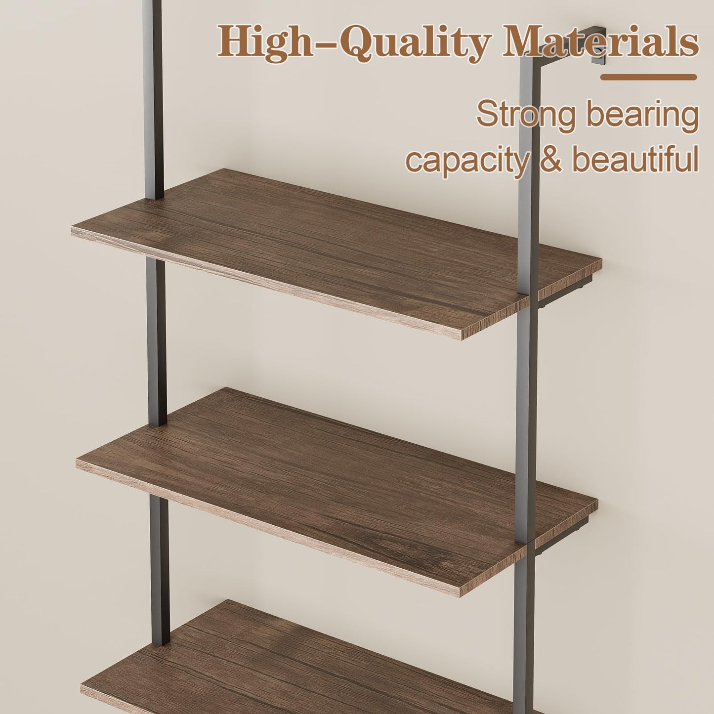 Wolawu 5 Tiers Ladder Shelf 2-Piece Black Modern Tall Bookshelf Open Large Tall Wall Mount Storage Bookcase Standing Leaning Wall Shelves Industrial Decorative (Brown)