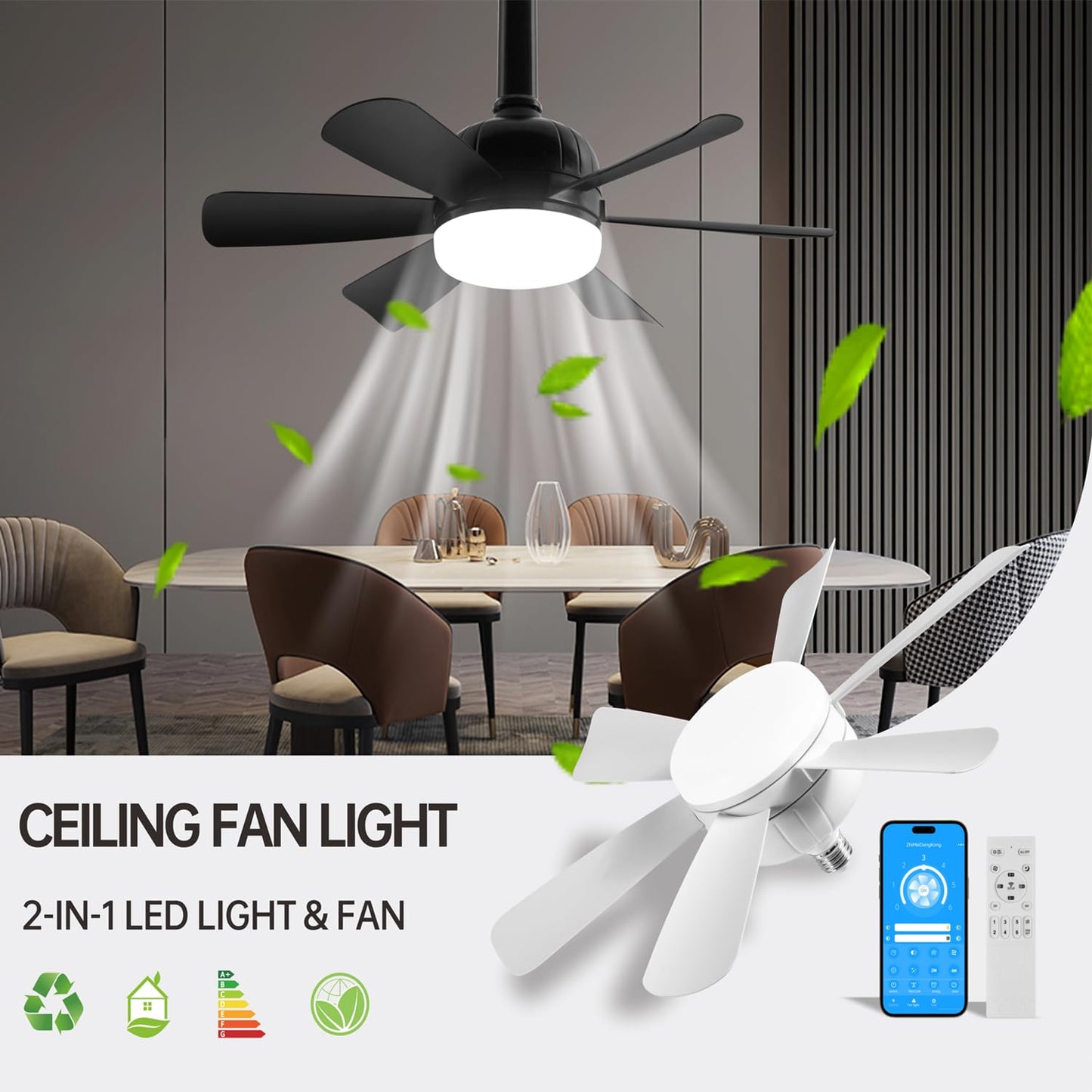 Socket Fan LED Ceiling Lights,18inch APP Control E26 Fans Bulb with Remote & Dimmable LED Ceiling Fan Lights,3Color 3000K-6500K,1800LM Fan Light Bulb Screw in Ceiling (White-2Pack)