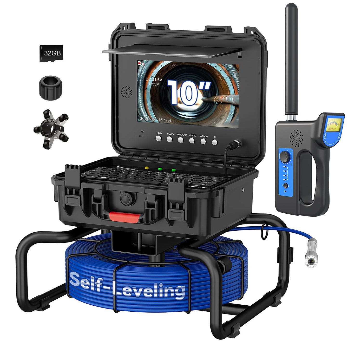 JINXINEBAY 10 Inch IPS Sewer Inspection Camera with 512Hz Locator, 1080P AHD, 50M Cable, DVR, Auto Self-Leveling, 5X Zoom, TF Card, LED Lights for Pipe/Wall/Drain (100FT/512hz Locator)
