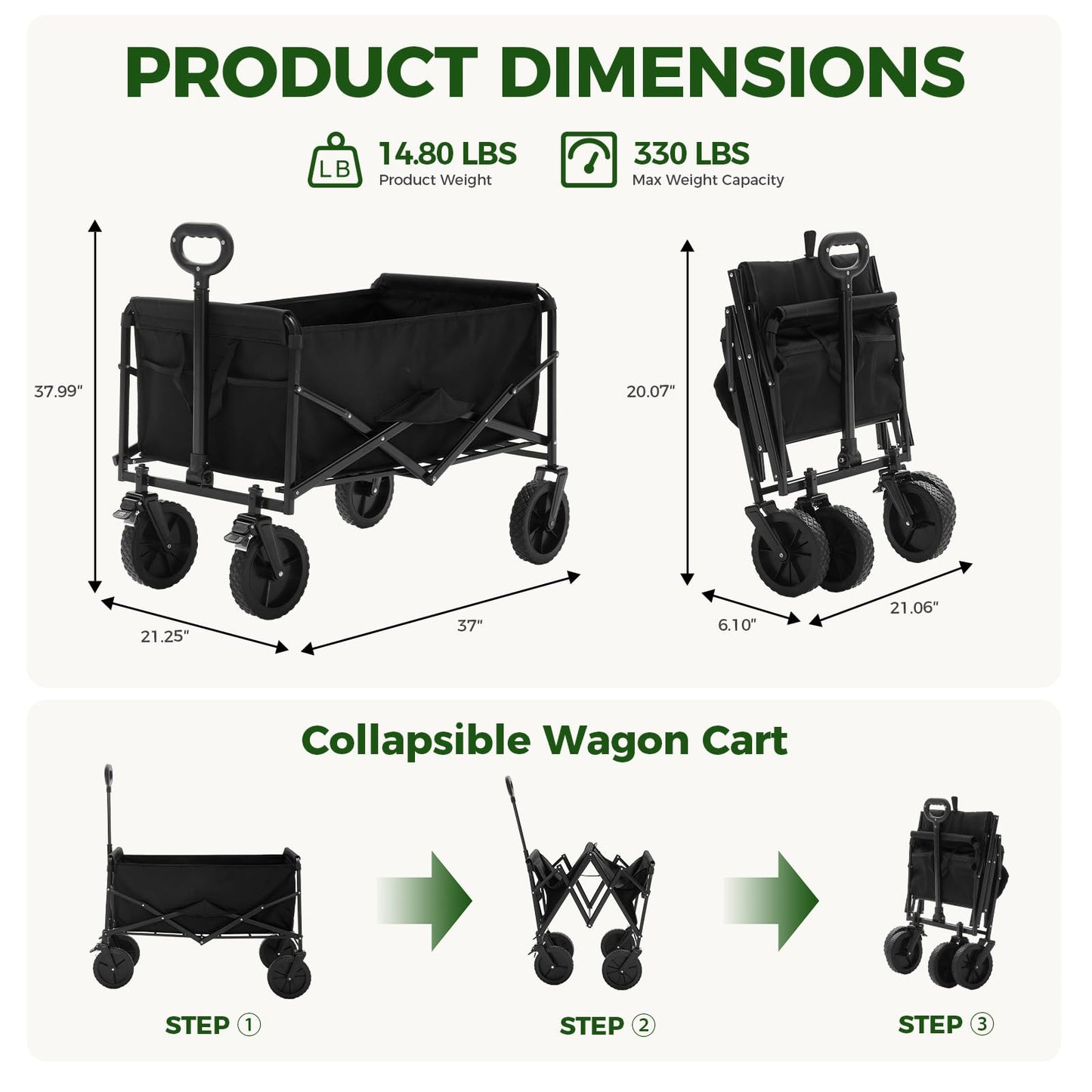 OLIXIS Collapsible Wagon 102L Standard Heavy Duty Utility Folding Wagon Cart with Lockable Brake Wheels – 330 lbs Weight Capacity, Flexible Handle for Beach, Grocery, Camping, Sports & Garden, Black