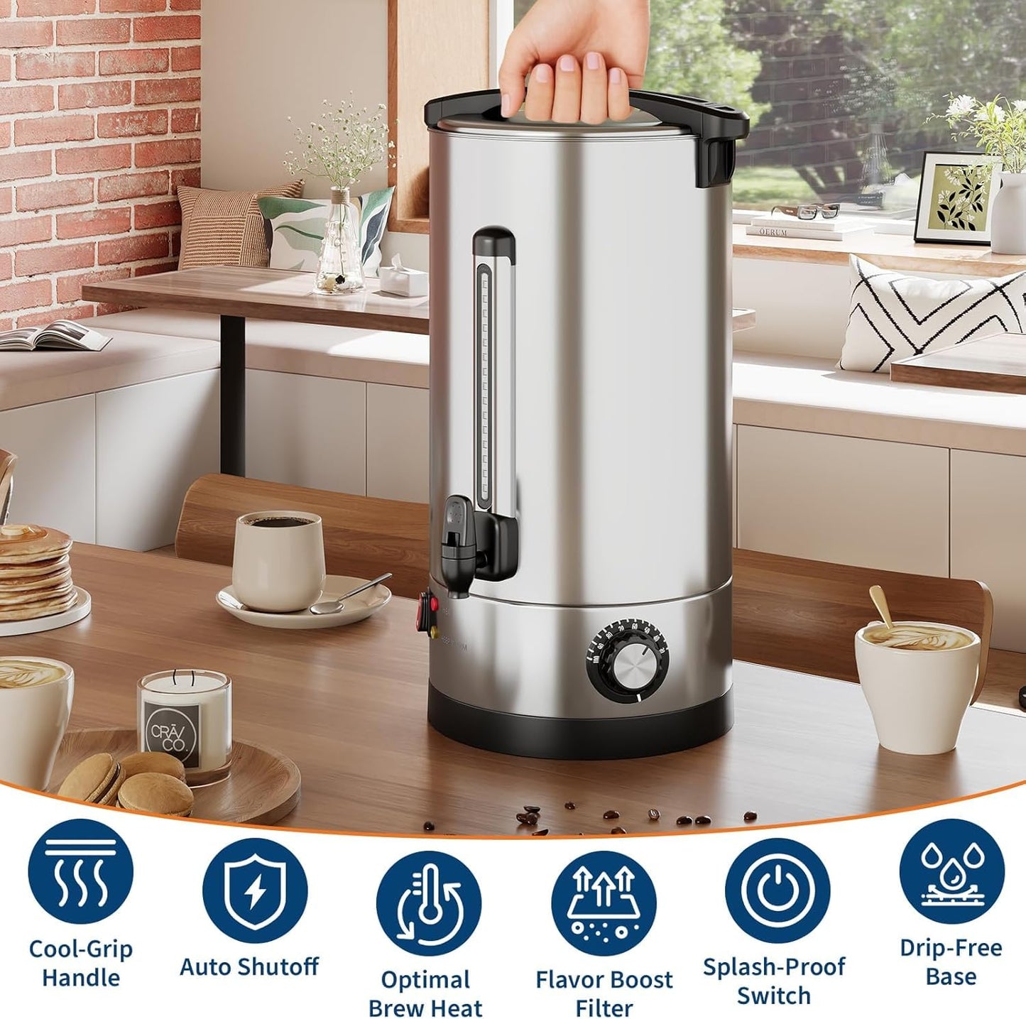 PeacefulHues 110 Cup Commercial Coffee Urn,16l / 4.2Gal Double Wall Insulation Coffee Dispenser,Stainless Steel Large Hot Beverage & Water Dispenser with Automatic Temperature Control for Buffets