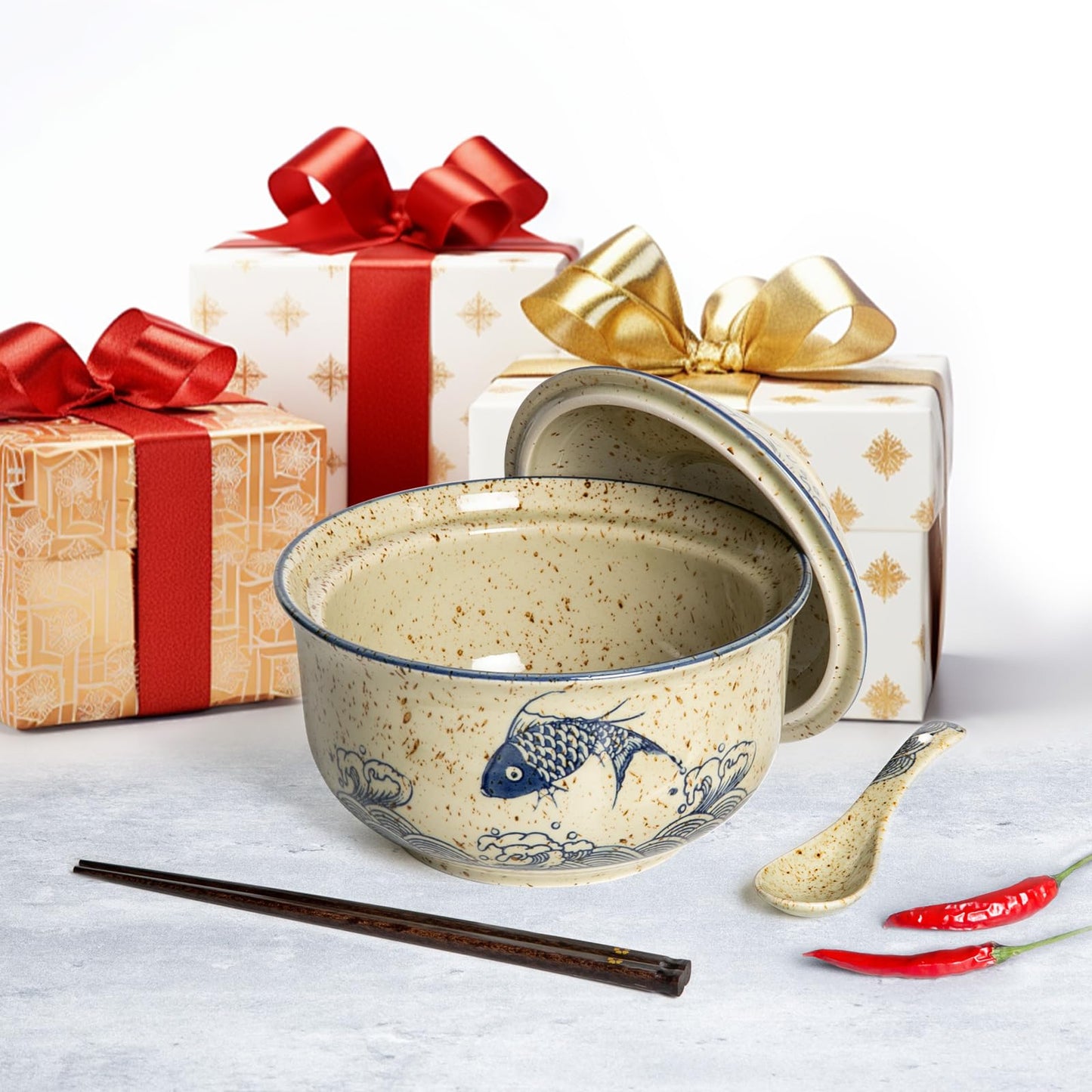 Niturceal Ceramic Ramen Bowl Set of 2, Ramen Noodle Bowl with Lid 27oz Japanese Retro Style Soup, Pho, Udon Bowls, Matching Spoons and Chopsticks for Microwave & Dishwasher Safe, Fish