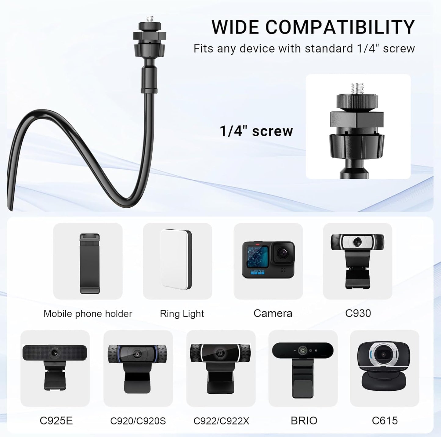 LenTok C922 C930e C920S C920 C615 C960 C920x Flexible Webcam Stand Mount for Desk, Gooseneck Webcam Tripod with Clamp