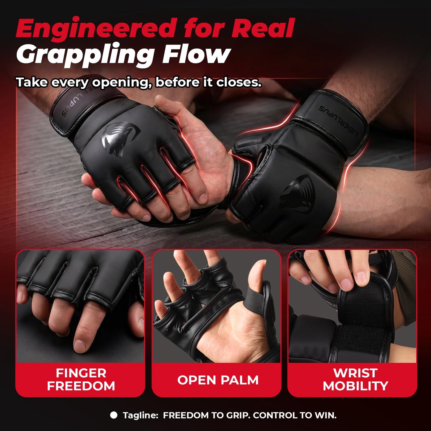 LIBERLUPUS MMA Gloves Sparring for Men– Open Palm Training Gloves for Grappling, Kickboxing, Muay Thai, Youth Self-Defense, Heavy Bag Workouts – Durable Synthetic Leather with Wrist Support