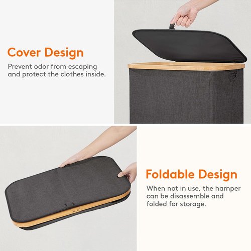 Lifewit 100L Laundry Basket - Foldable Hamper with Lid & Bamboo Handles | Dark Gray, 2 Removable Bags
