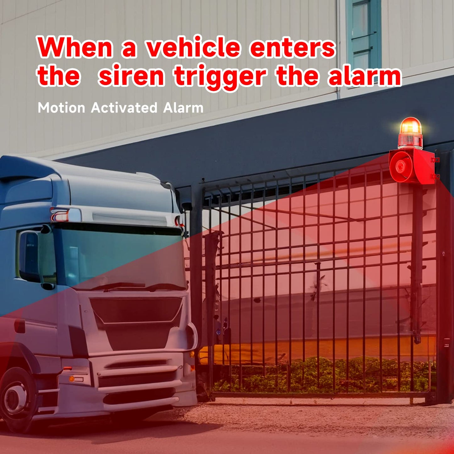 Y DIANS S Motion Sensor Alarm 120dB Horn Adjustable Volume Tones Waterproof LED Strobe Light Sirens Motion Detector Alarm System for Home Factories, Warehouses and Docks Security AC110-120 V SLA-01W
