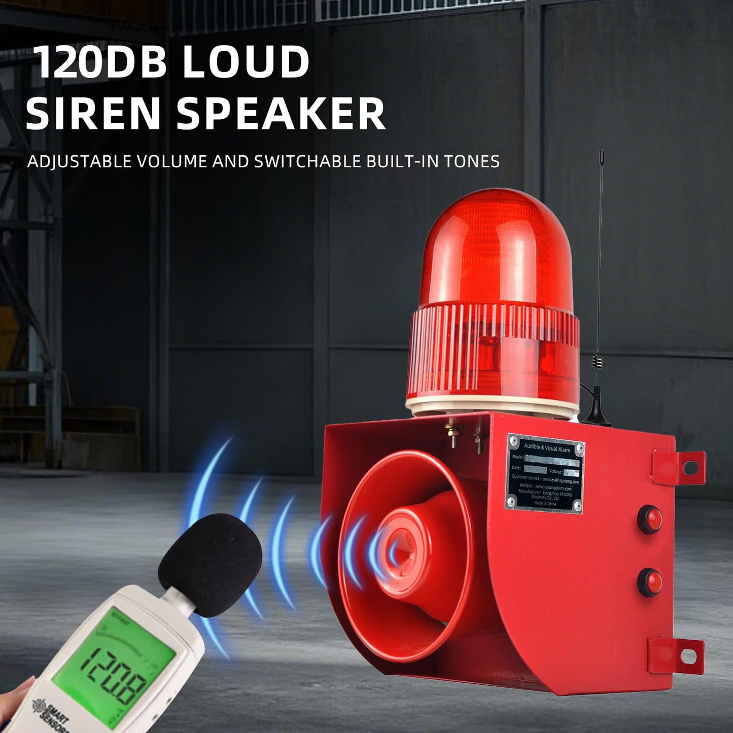 Y DIANS S Outdoor Alarm Siren Wireless Adjustable Volume and Tone IP65 Strobe Light Emergency Security Sirens with 120dB Horn 1.24mile Control for Building Industry Warehouse AC110-120V SLA-01HY-2000