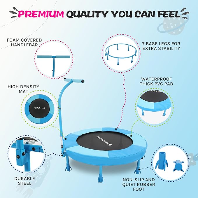 SkyBound 36 Inch Indoor Trampoline for Kids - Kids Trampoline Indoor with Handle - Toddler Trampoline with Upgraded 2.0mm Steel Pipe and Handlebar - Mini Indoor Trampoline for Kids Age 3 and Above