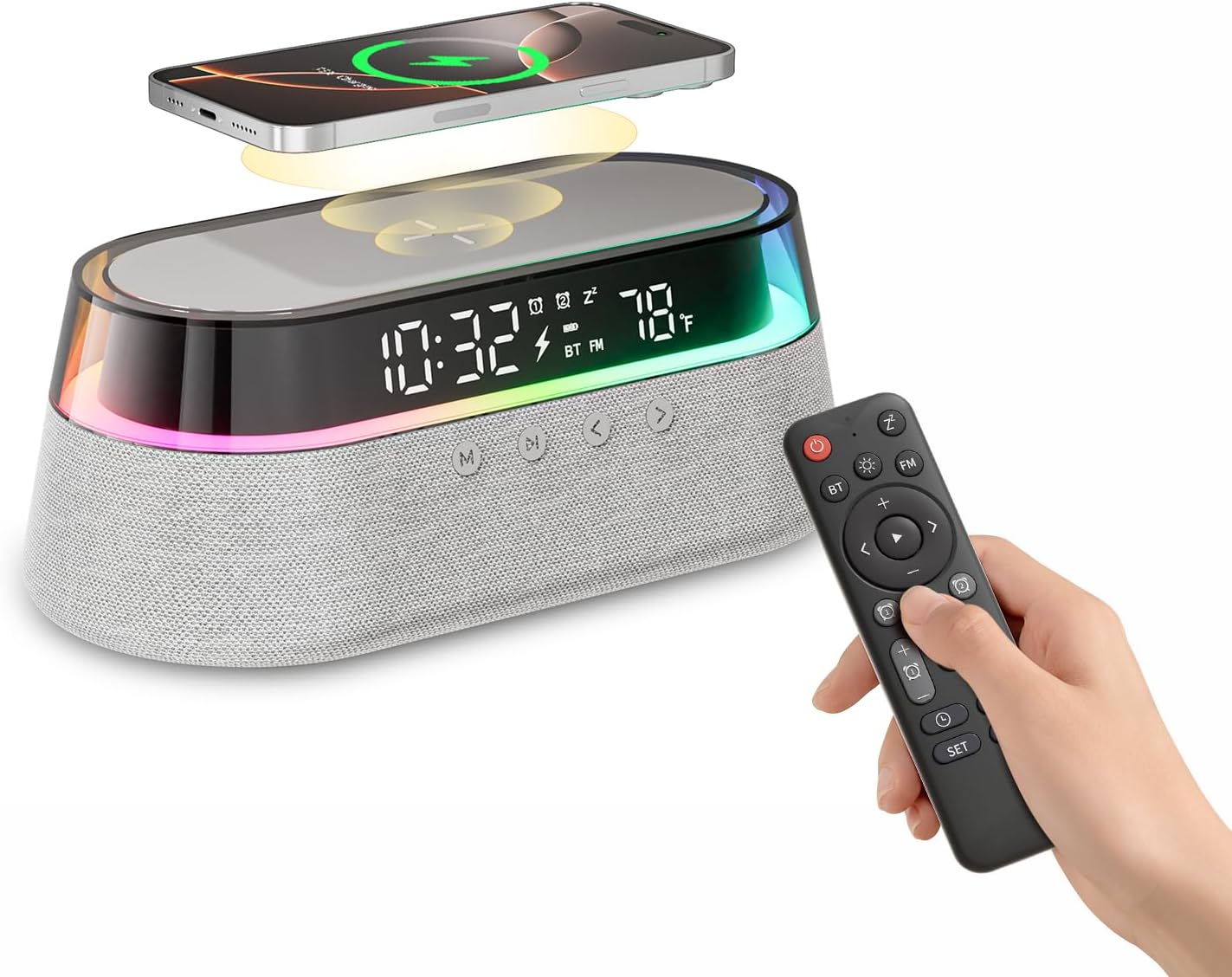 KUANGXIANG 6-in-1 15W Dimmable Bluetooth Speaker Alarm Clock with Remote, Fast Wireless Charger, FM Radio & LED Night