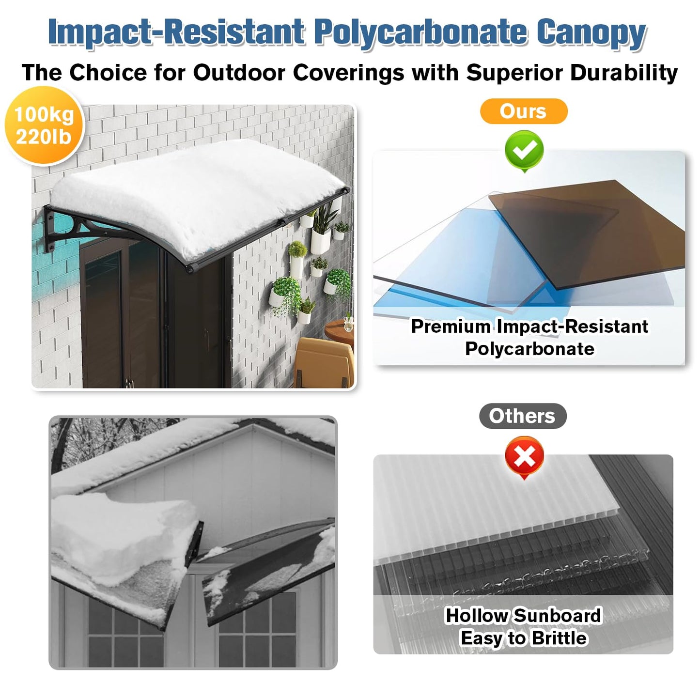 Awning for Door Entrance, Window Awnings Exterior with Aluminum Bracket Polycarbonate Board, Patio Balcony Porch, UV Rain Snow Protection Brown 60x140cm/24x55in