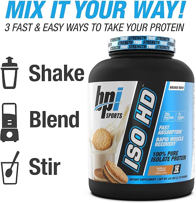 BPI Sports ISO HD Isolate Protein Powder ??100% Whey Isolate, Protein Powder for Muscle Gain - Vanilla Cookie, 4.8 LBS - 70 Servings
