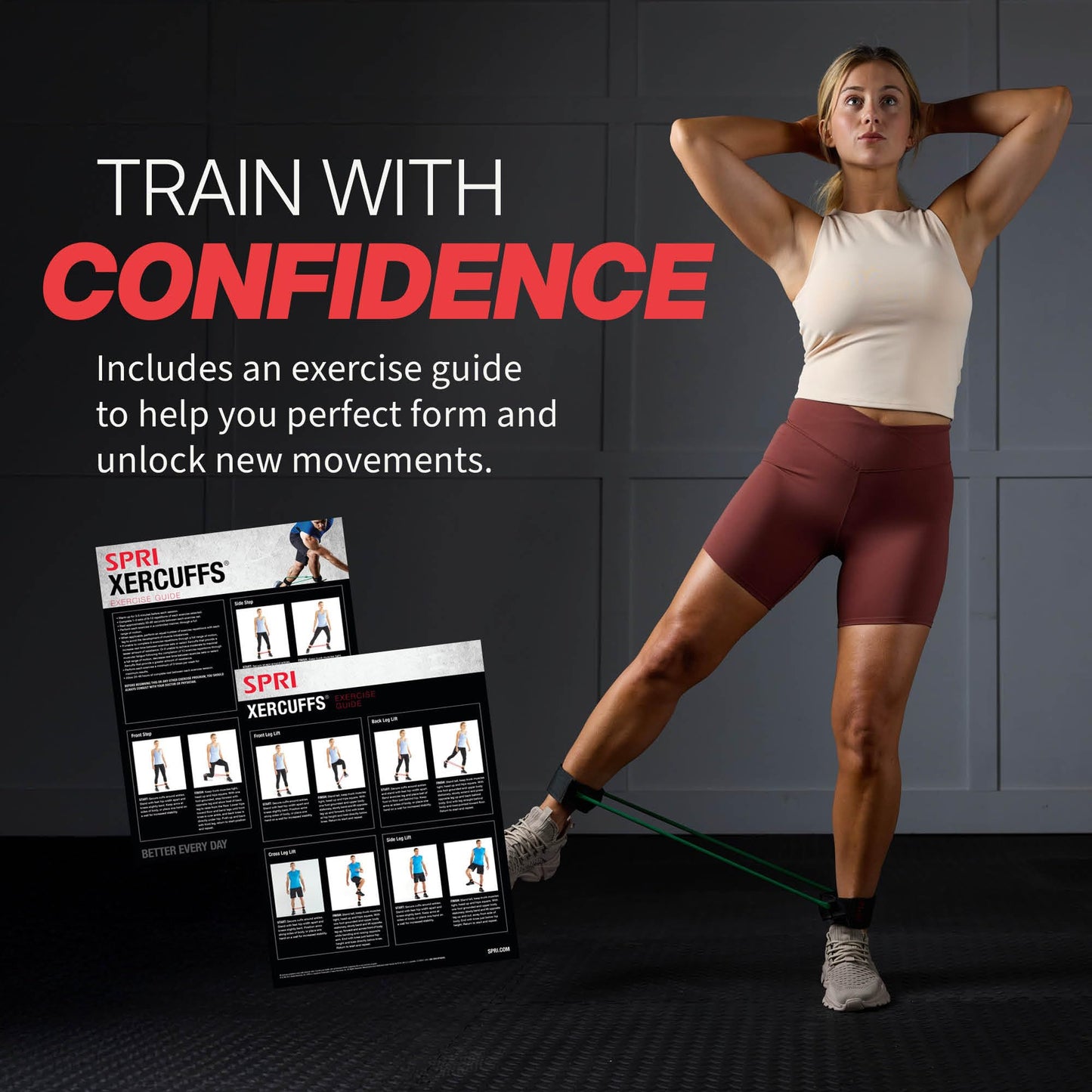 SPRI Xercuff Leg Resistance Band Exercise Cord with Non-Slip Padded Ankle Cuffs, Red, Medium