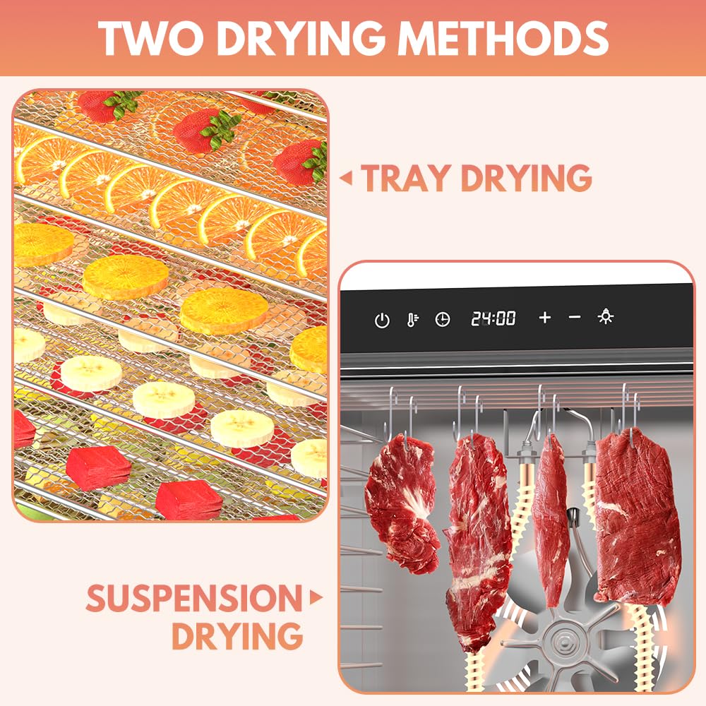 BriSunshine 20-Tray Commercial Food Dehydrator Machine, 24H Timer, 1600W Large Stainless Steel Dehydrators for Meat Jerky, Dog Treats, Fruits