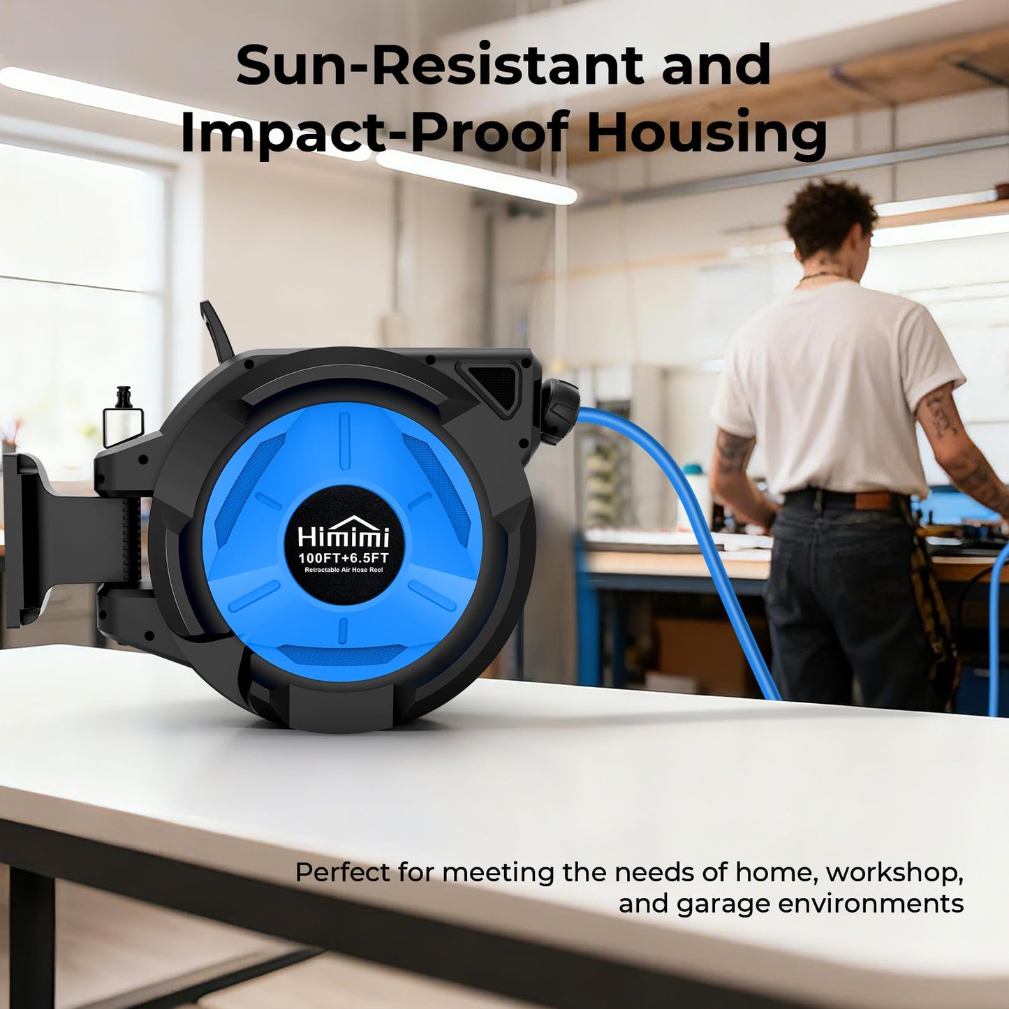Retractable Air Hose Reel, 3/8" x 100 Ft Hybrid Hose Air Compressor Hose Reel with 6.5 Ft Lead-in Max 300 PSI, Air Hose with Any Length Lock, Automatic Rewind, 180° Swivel Bracket, Quick Coupler