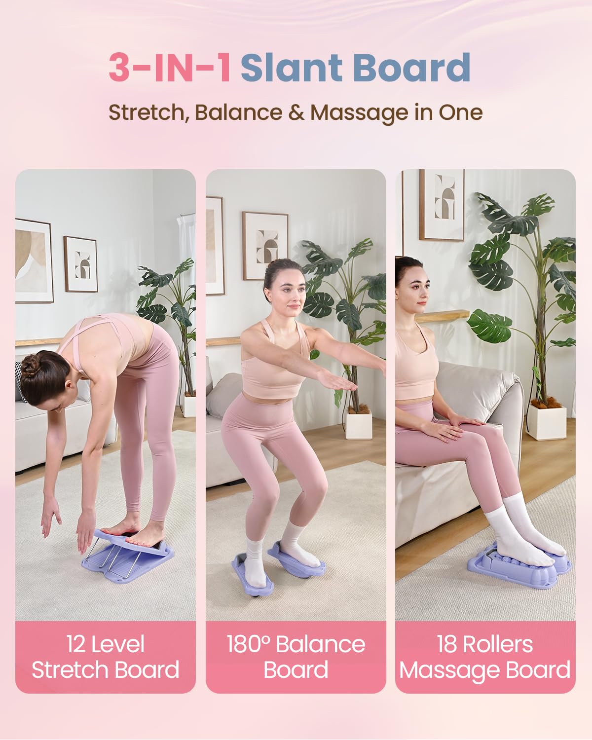kisnbld Slant Board, 3 in 1 Calf Stretch Board with Foot Massager & Resistance Bands, 12-level Adjustable Incline Calf Stretcher for Relieving Calf Ankle Achilles Pain Balance Exercise Trainer, Purple