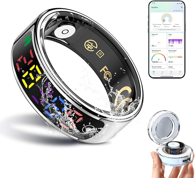 Smart Ring for Women Men, Health Ring with Colorful Display, Fitness Tracker with Heart Rate, Blood Oxygen, Sleep Monitor, No Subscription Fee, 5ATM Waterproof for iPhone & Android (Silver, 9)