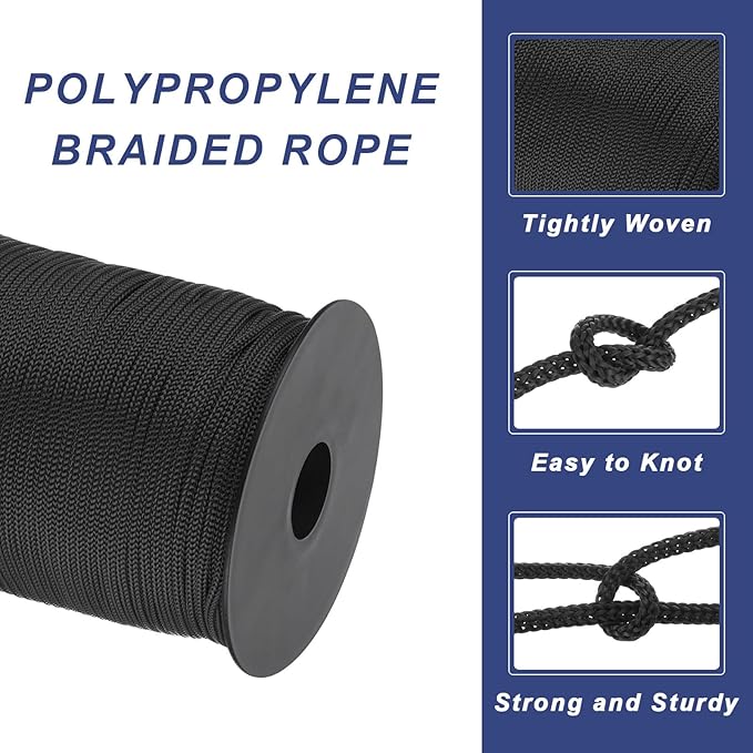 MECCANIXITY 1/8 Inch Polypropylene Rope Braided Ropes, 328ft Nylon Rope Hollow Utility Cord for Clothesline, Camping, Hiking, Outdoor, Black
