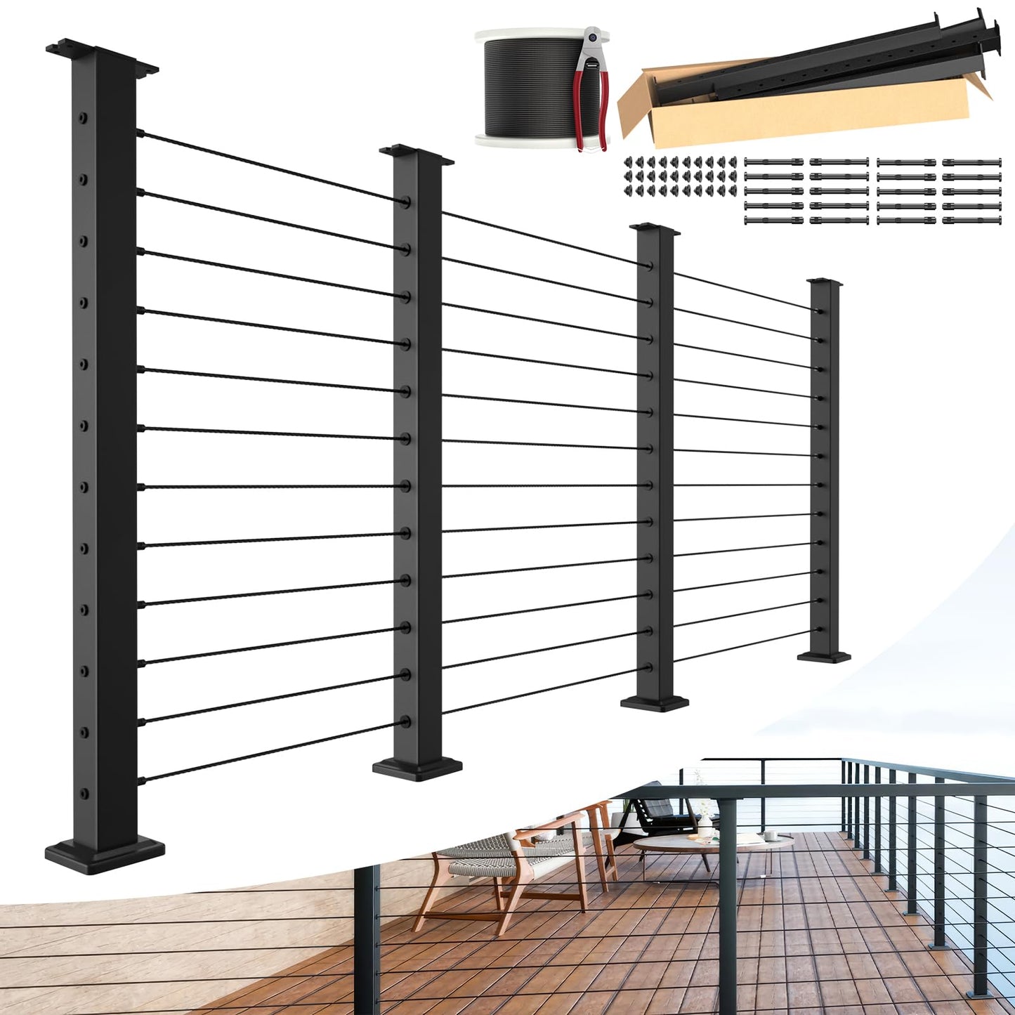 BLIKA 12FT-20FT Complete Set 42" Cable Railing Post Kit, Black Level Drilled Cable Railing Post, Swageless Cable Railing System Include 4Pack Level Posts, 1/8" 300FT Stainless Steel Cable(No Handrail)