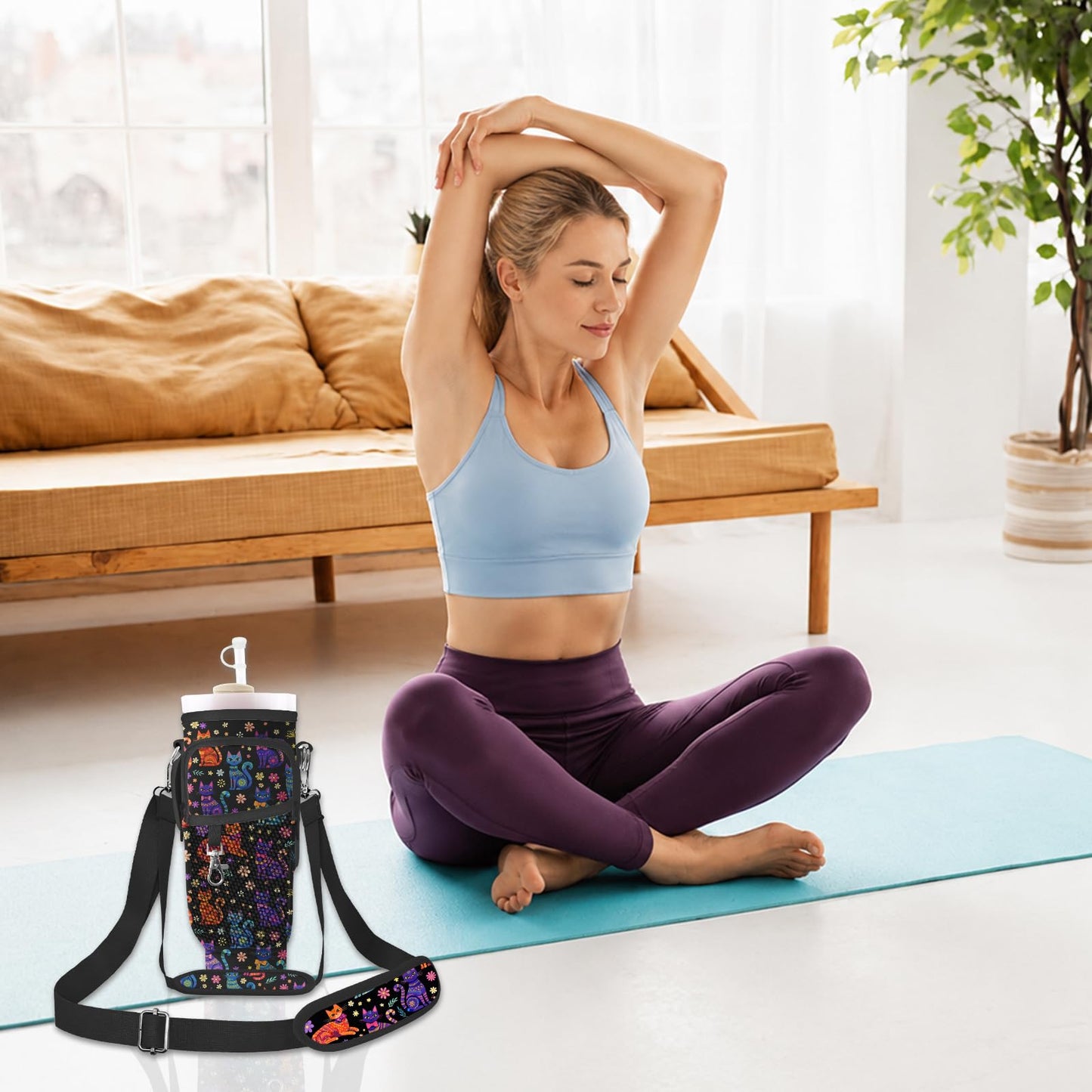WOHAXAHOW Cat Stanley Water Bottle Bag with Adsjust Strap for 30/40 Oz Tumbler, Water Bottle Carrier with 3 Pockets, Cleaning Brush & Straw Cover, Stanley Cup Carrier Bag for Walking, Gym, Yoga