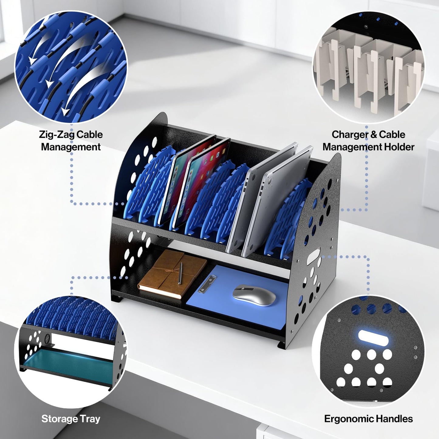 POCHAR 10-Device Charging Station for Chromebook, Tablet - Laptop Storage Rack with Storage Space, Multi-Device Charging Organizer for Classroom, Office, Hospital