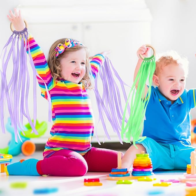 Junkin Ribbon Rings Hand Kite Waldorf Toys Dancing Wrist Ribbons Rainbow Streamers with Wood Ring Sensory Learning Educational Toy for Playroom Dancing Birthday Party Gift(Solid Color,24 Pcs)