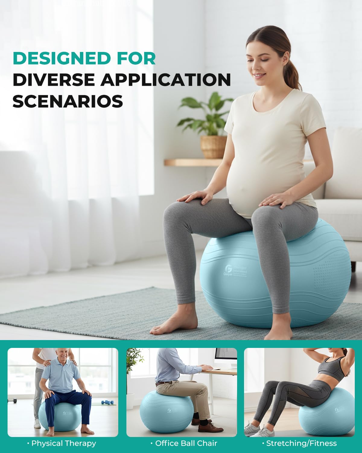 Gruper Yoga Ball, Extra Thick Exercise Ball for Workout Pregnancy Stability - 4 Sizes Anti Burst Balance Ball for Yoga, Pilates, Fitness, Birthing, Physical Therapy - Includes Pump
