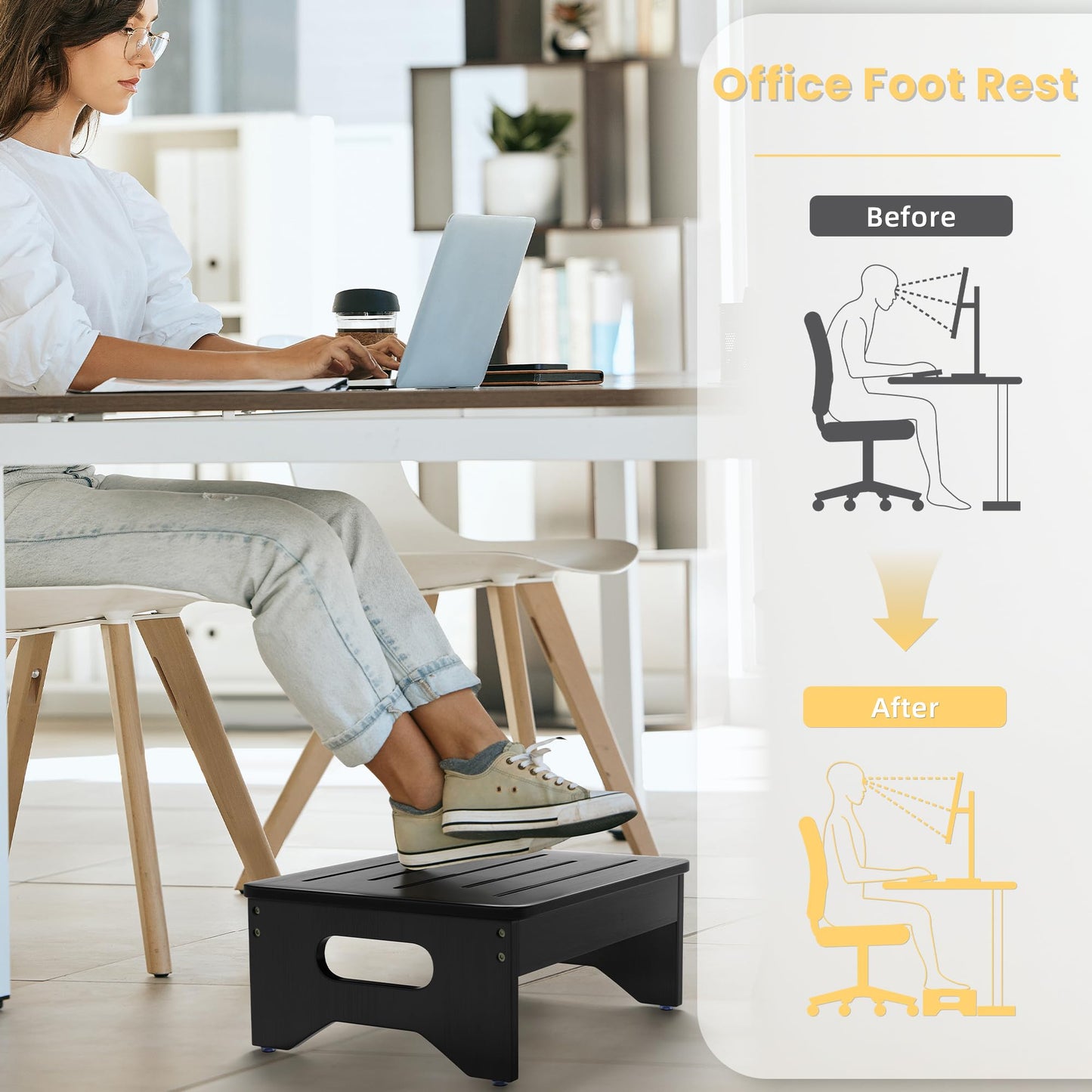 Wooden Step Stool for Adults & Kids, Non-Slip Rubber Feet, 6.5 Inch High, Lightweight Small Step, 400 Lbs Capacity, Bed Step Stool for High Bed, Bathroom & Kitchen (Black)
