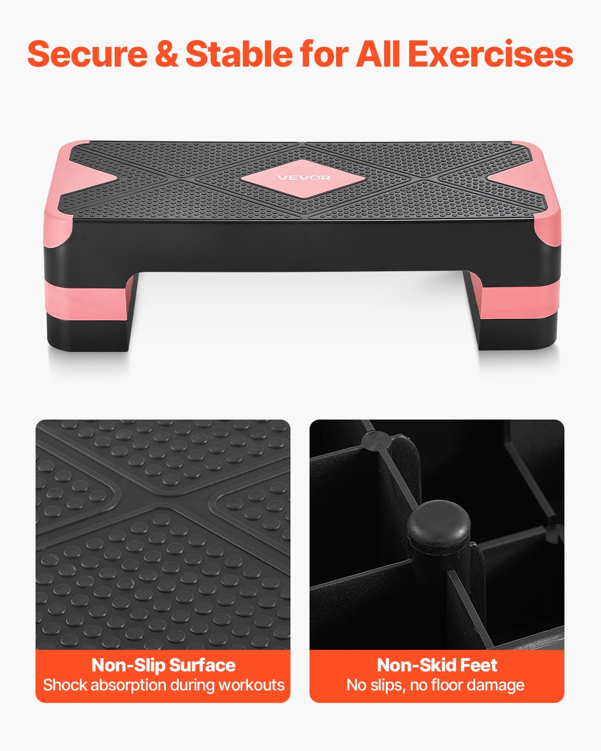 VEVOR Aerobic Exercise Step Platform, 28-Inch Workout Aerobic Stepper, Height Adjustable Fitness Training Step Deck Trainer with 4 Risers, Non-Slip Surface Bench for Home Gym Cardio Strength, Red