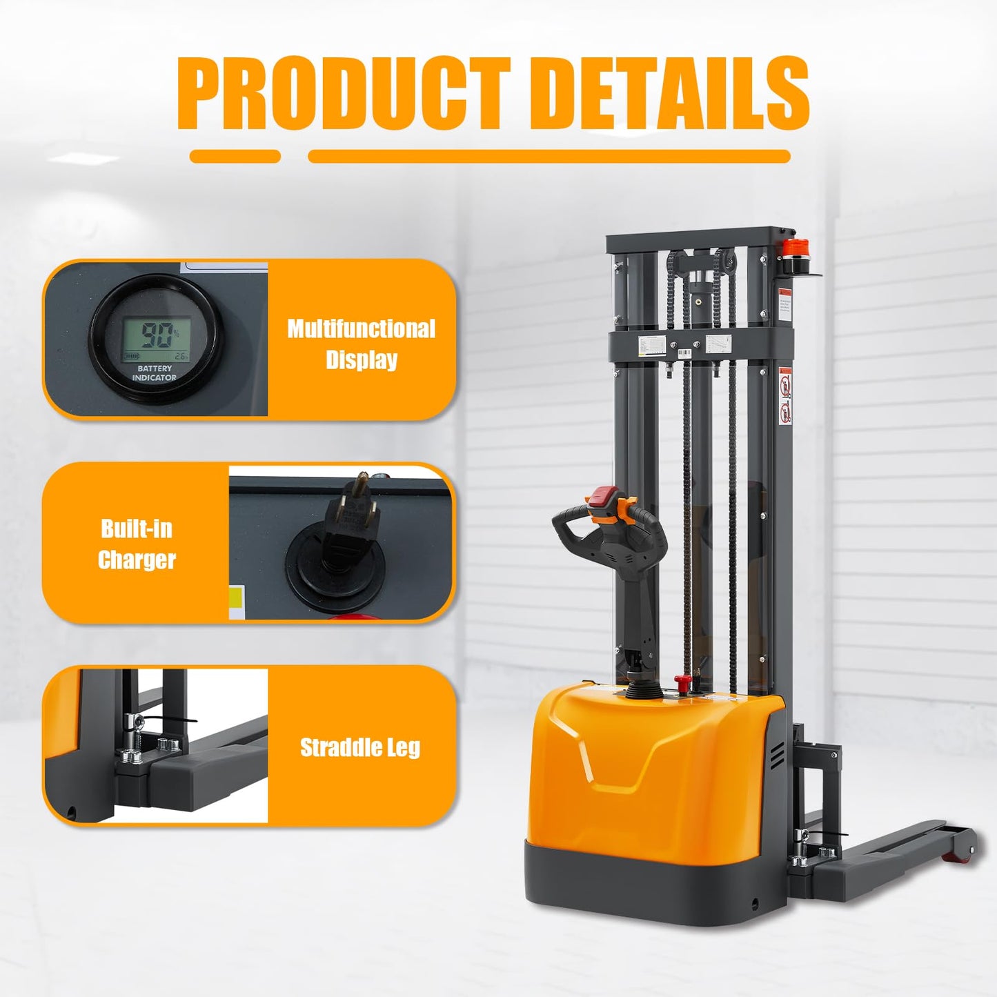 APOLLOLIFT Electric Walkie Stacker, 3300 lbs Capacity 130" Lift Height Powered Drive and Lift Electric Stacker, with Straddle Legs Adjustable Forks Material Lift