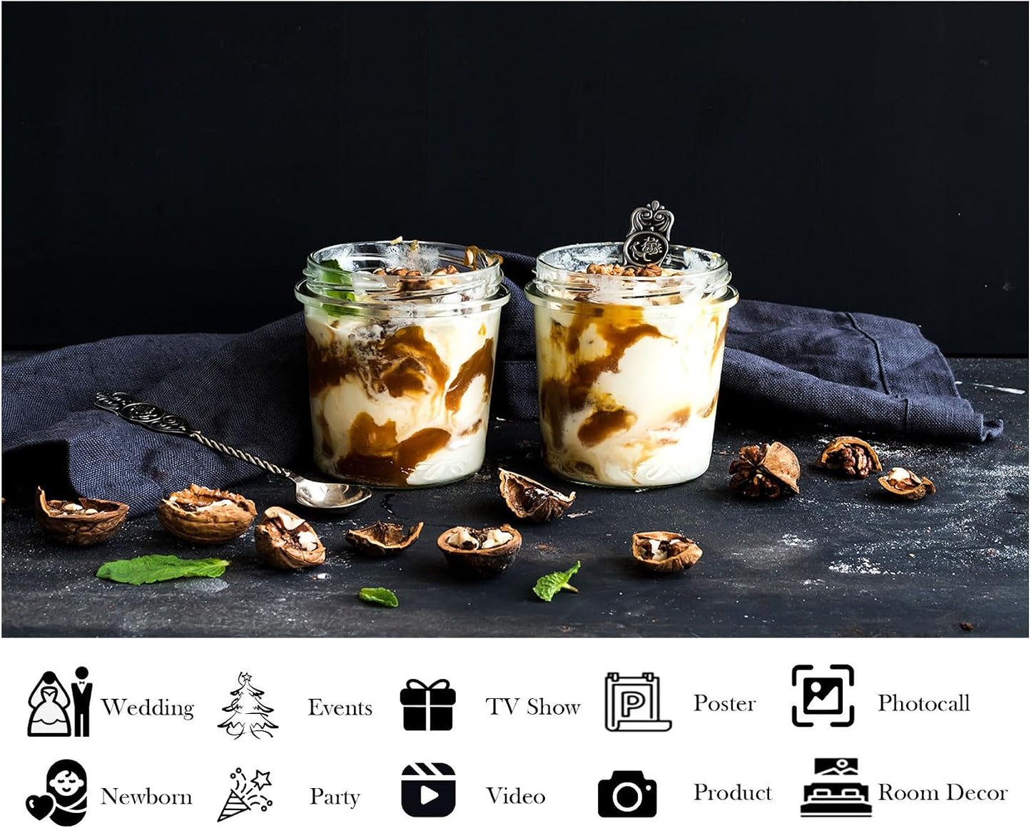 LidyMini 10x10ft Fabric Yogurt Parfaits with Caramel and Walnuts Backdrop Dark Moody Surface Mint Leaves Photography