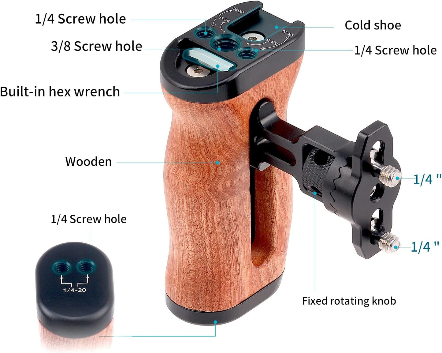 FocusFoto 1/4"-20 3/8"-16 Wooden Side Handle Grip Left/Right Handgrip with & & Cold Shoe Mount Universal for DSLR