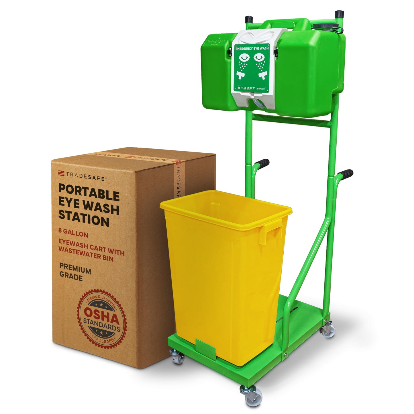TRADESAFE Portable Eye Wash Station OSHA Approved - Emergency Eye Wash Station, 8 Gallon Eye Wash First Aid with Cart and Wastewater Bin, Eyewash Station Sign, OSHA and ANSI Compliant