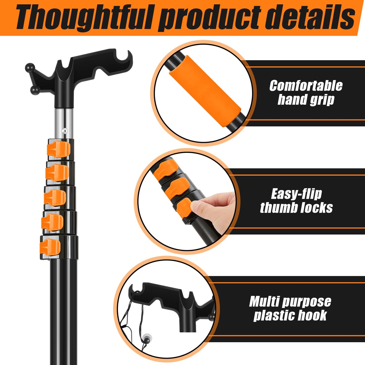 Leriton 7-36 ft Telescopic Extension Pole with Utility Hook, Multi-Purpose Aluminum Pole for Painting, Dusting and New Year Window Cleaning Christmas Lights Installation Without a Ladder (Orange)