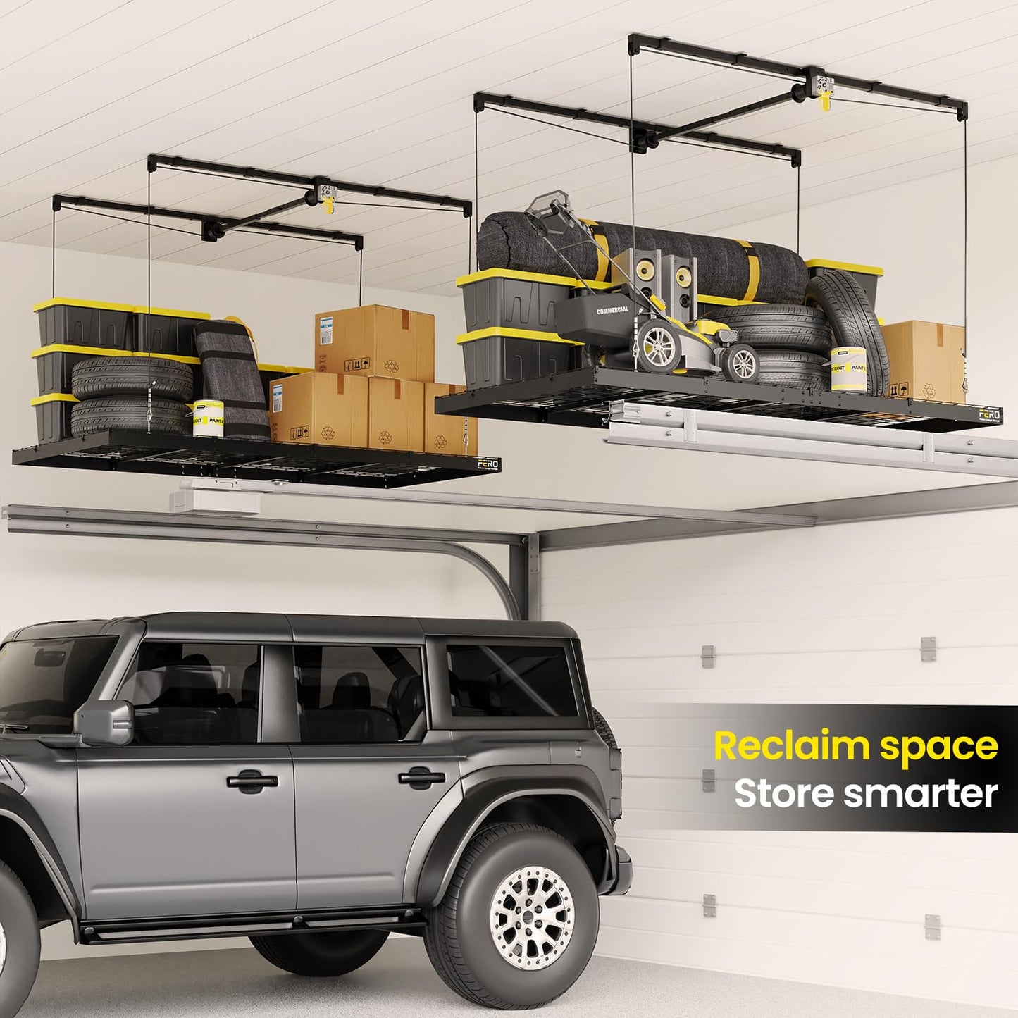 FERO Overhead Garage Storage Rack, 500 lb Capacity, 4x8 FT Garage Ceiling Storage Rack with Safety Lock, Heavy-Duty Ceiling Mounted Lift System, Drop-Down Garage Ceiling Organizer