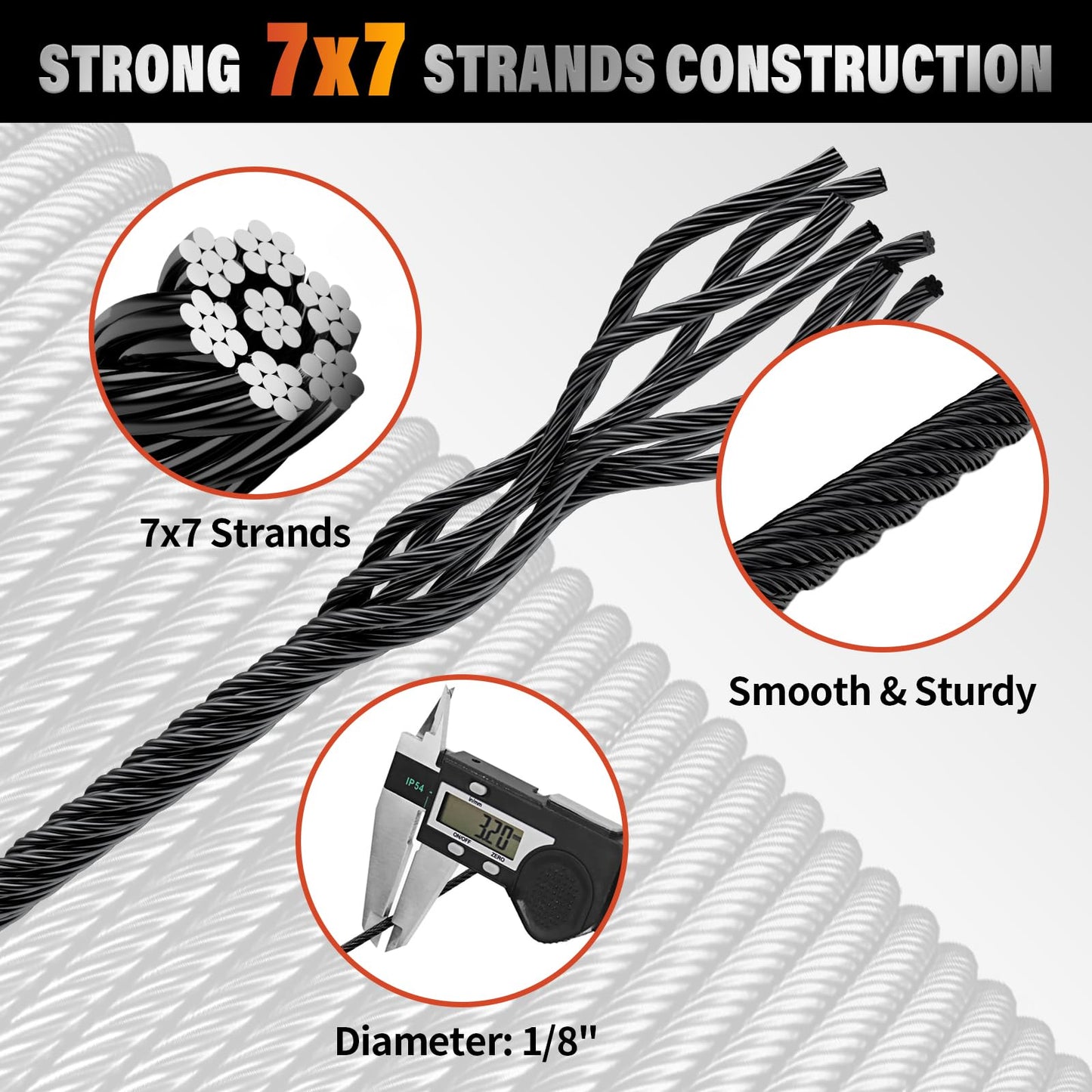 Black Stainless Steel Cable for Railing - 500FT 1/8" T316 Wire Rope for Deck Cable Railing System Kit