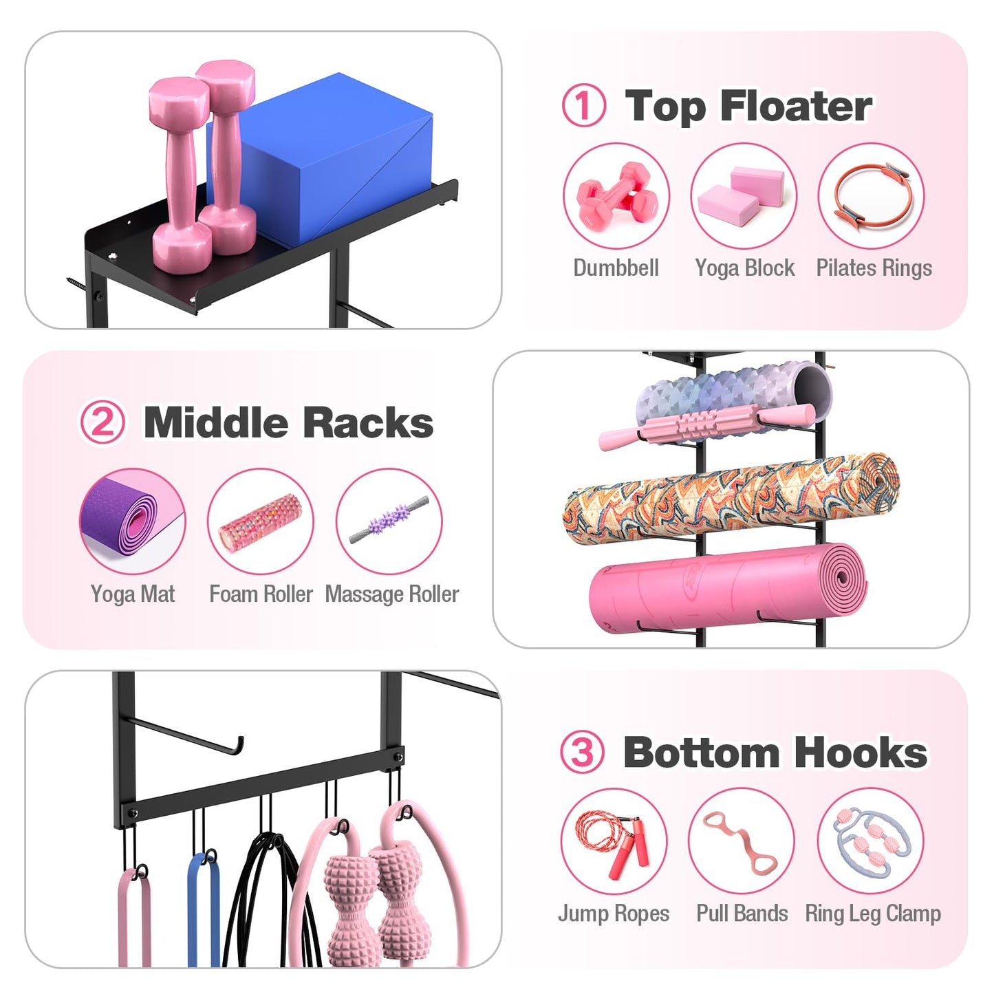 Inlisy Yoga Mat Holder Wall Mount, 4-Tier Iron Yoga Mat Rack Wall Mount Organizer, Heavy Duty Gym Wall Storage for Multiple Mats, Easy Install Space Saving
