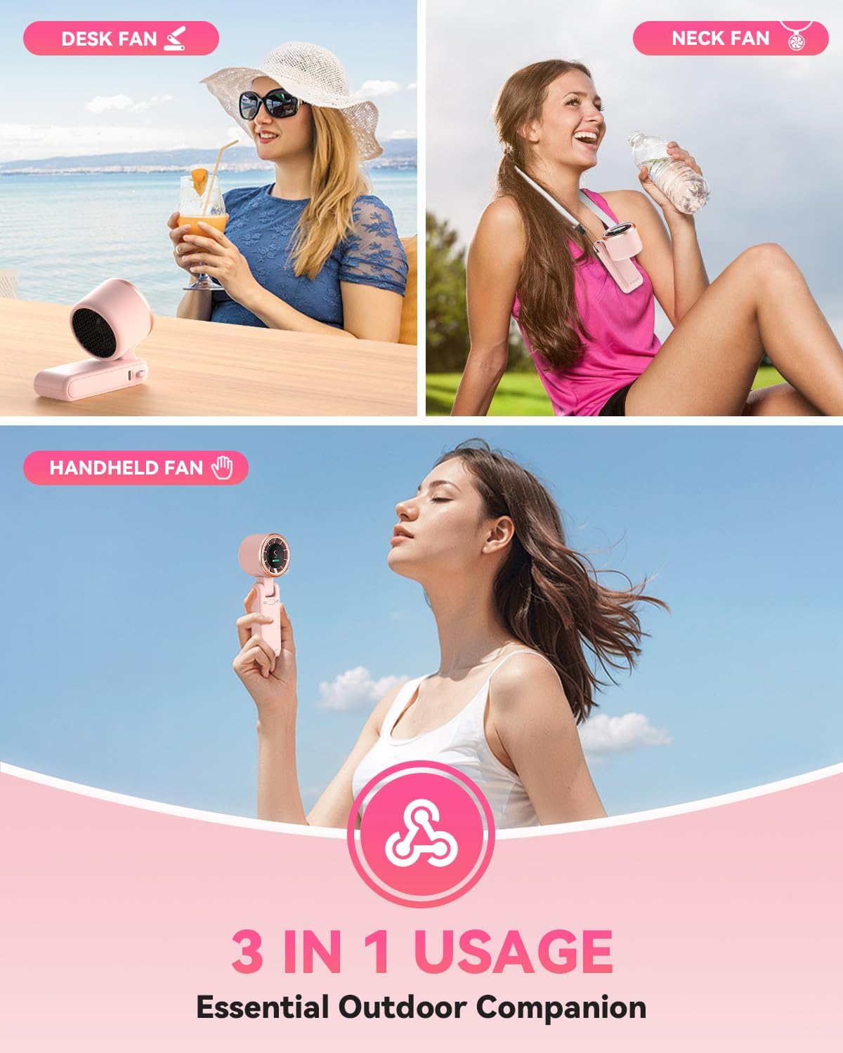 PlayHot Portable Handheld Turbo Fan - 5-Speed Rechargeable Personal Fan | 5000mAh Battery, 12-Hour Use, Lightweight 0.6lb, 3-in-1 Design (Pink)