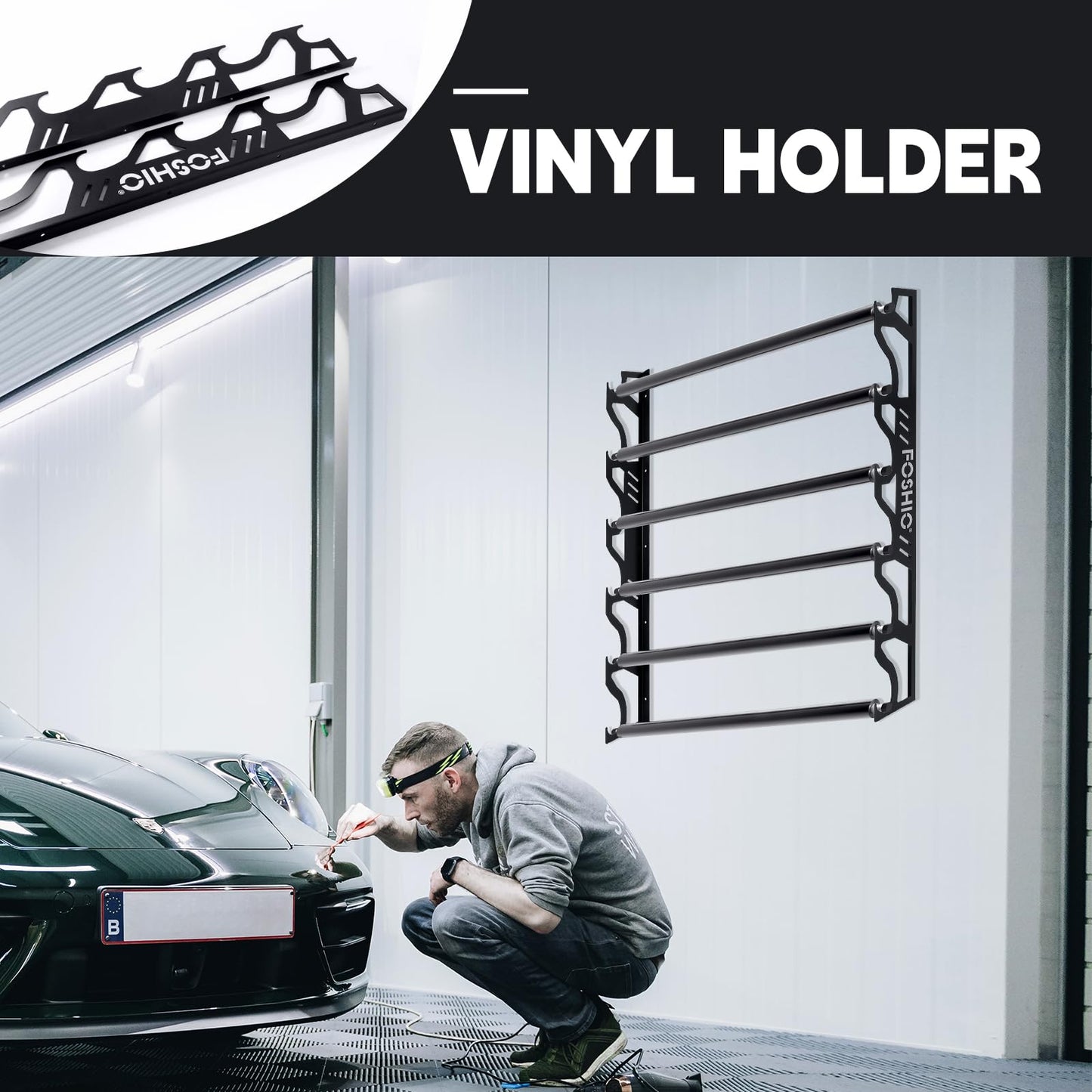 FOSHIO Vinyl Roll Holder, Metal Vinyl Rack with Mounting Hardware Wall Mounted for Pulling 6 Rollers of Vinyl, Transfer Paper Tape, Wallpaper, Window Film, Garage Workshop, Rollers Not Included