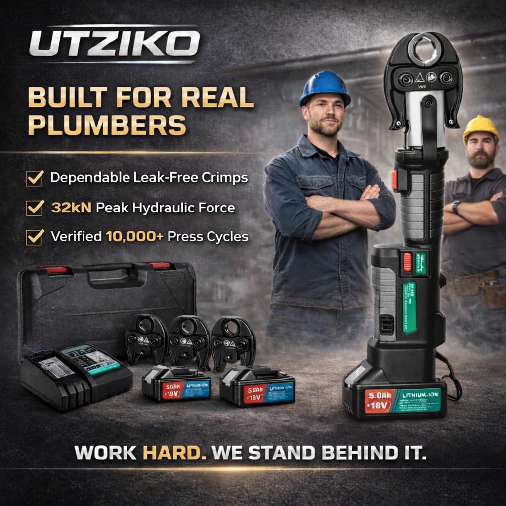UTZIKO 18V Electric Pipe Crimping Tool Kit with Tube Cutter, 32KN Hydraulic Pipe Crimper for 1/2", 3/4", 1" Copper, PEX & Stainless Steel Pipes, 360° Rotating Head, 2 Batteries