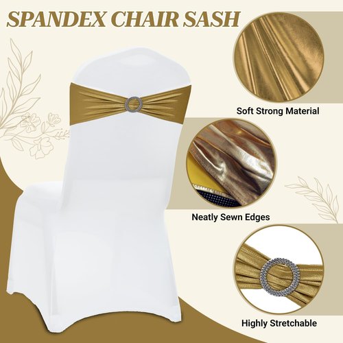 MDS Spandex Foil Chair Sashes - Universal Elastic Stretch Bands with Buckle for Weddings | Metallic Gold (Pack of 10)