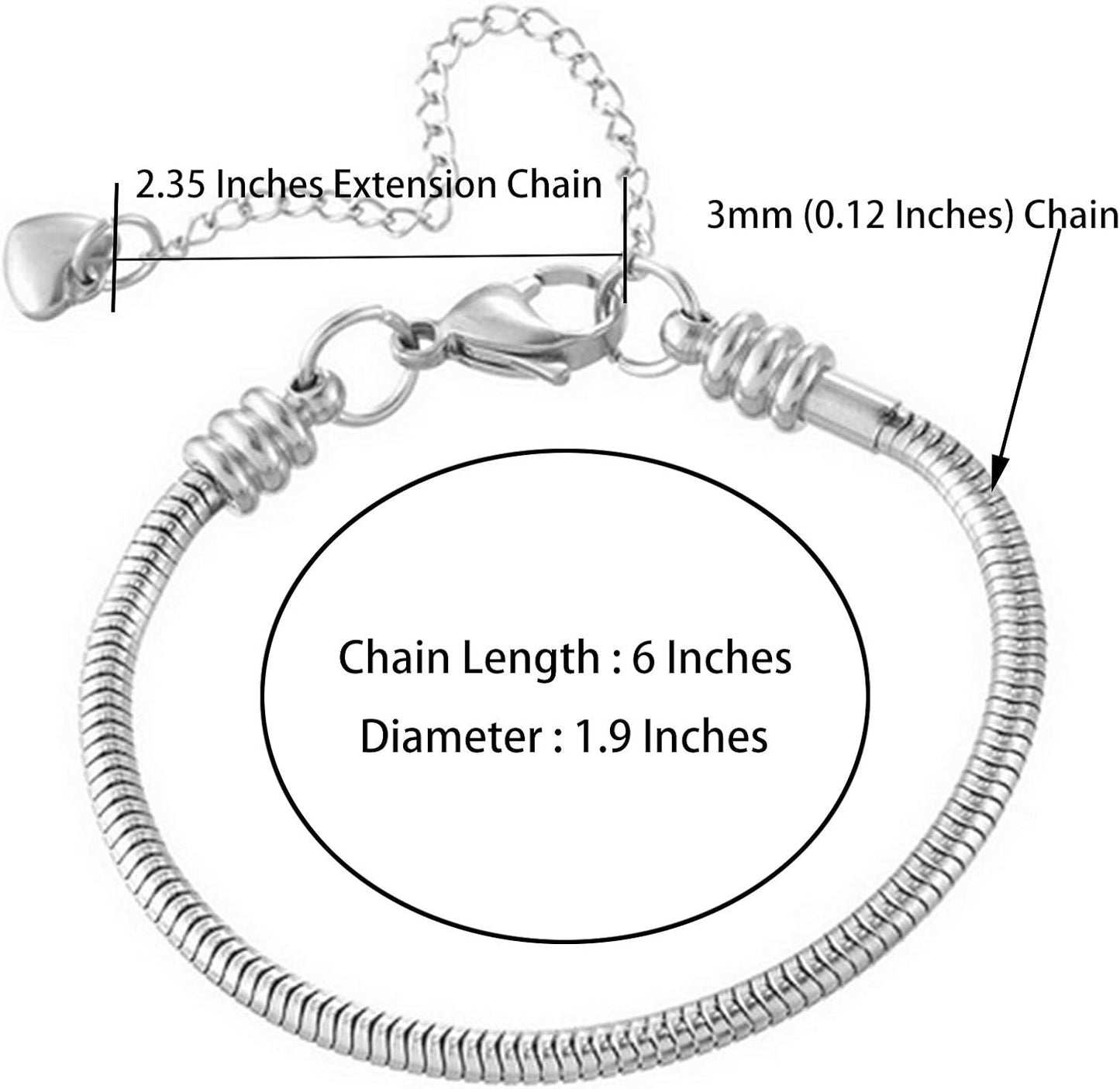 Regine Switzerland Snake Chain Charms Bracelet - Love Memorial Design, 6 Inch Stainless Steel