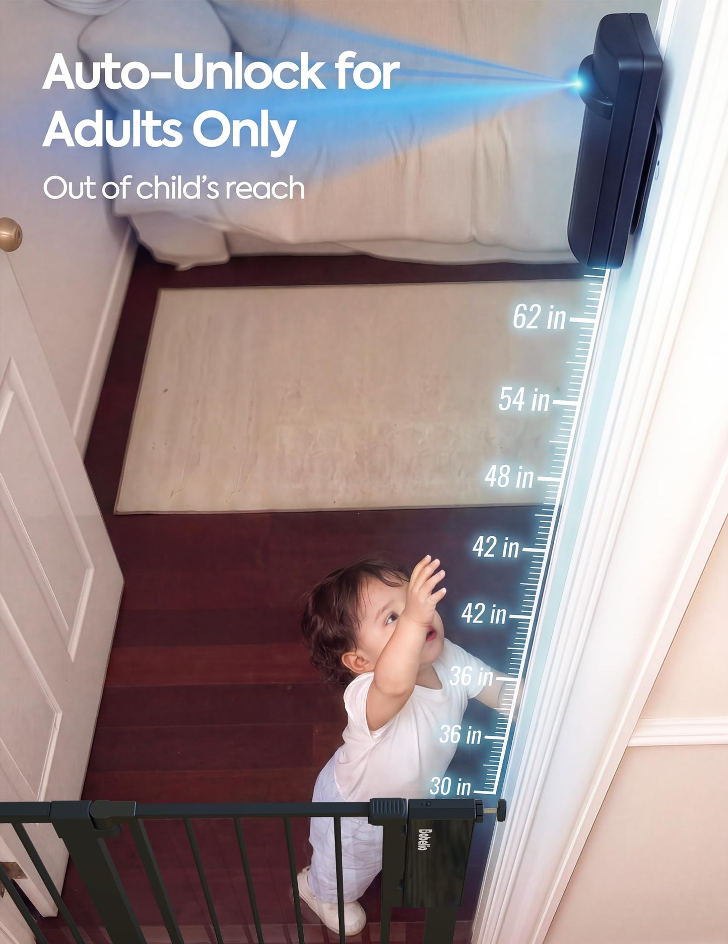 Babelio Smart Baby Gate with Auto-Unlock/Close, Pressure Mounted No Drill for Doorways/Top of Stairs. Pet/Dog Door Wide Walk Thru w/Infrared Sensor & Safety Alert (Black, 26.3-37.8" W, 30" H)