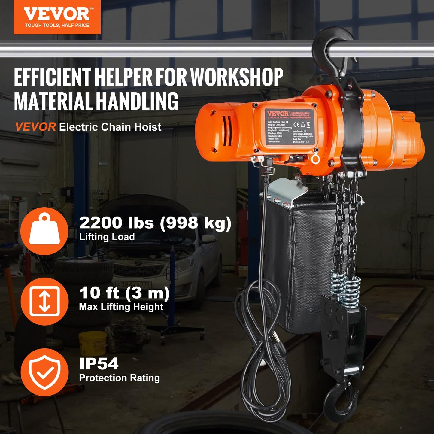 VEVOR Electric Chain Hoist, 2200 lbs Load Capacity, 10 ft Lifting Height, 120V Single Phase Overhead Crane with Chain, 10 ft Wired Remote Control for Garage, Shop, Hotel, and Home