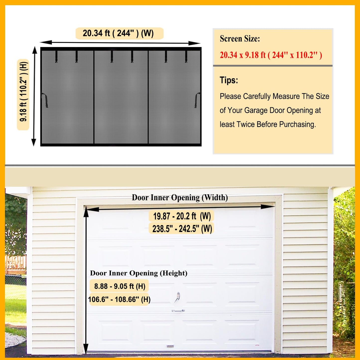 SANJINFON Magnetic Garage Door Net Screen Kit 20x9 FT - Heavy-Duty Fiberglass Mesh with Magnetic Closure for 2 or 3 Car Garage 20x9ft, Blocks Bugs & Enhances Privacy - Perfect for Porch Gym Barn Patio
