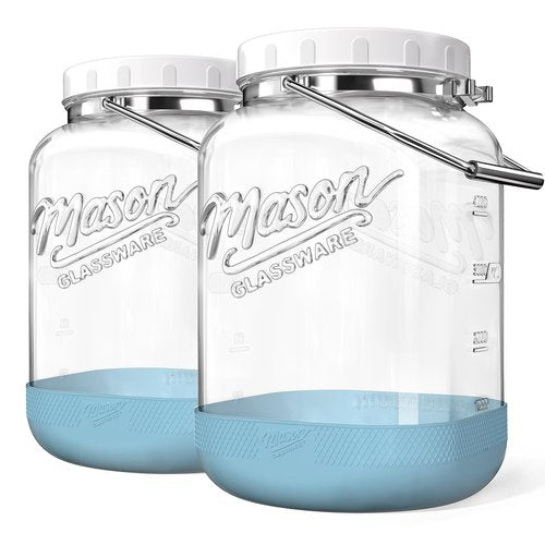 Dwbligt 2 Pack 1.5 Gallon Glass Jar With Airtight Lid, Large Mason Jars Wide Mouth with Scale Marks, Big Glass Storage Containers with Heavy-duty Handles & Non-slip Bases - for Flour, Pickling (192Oz