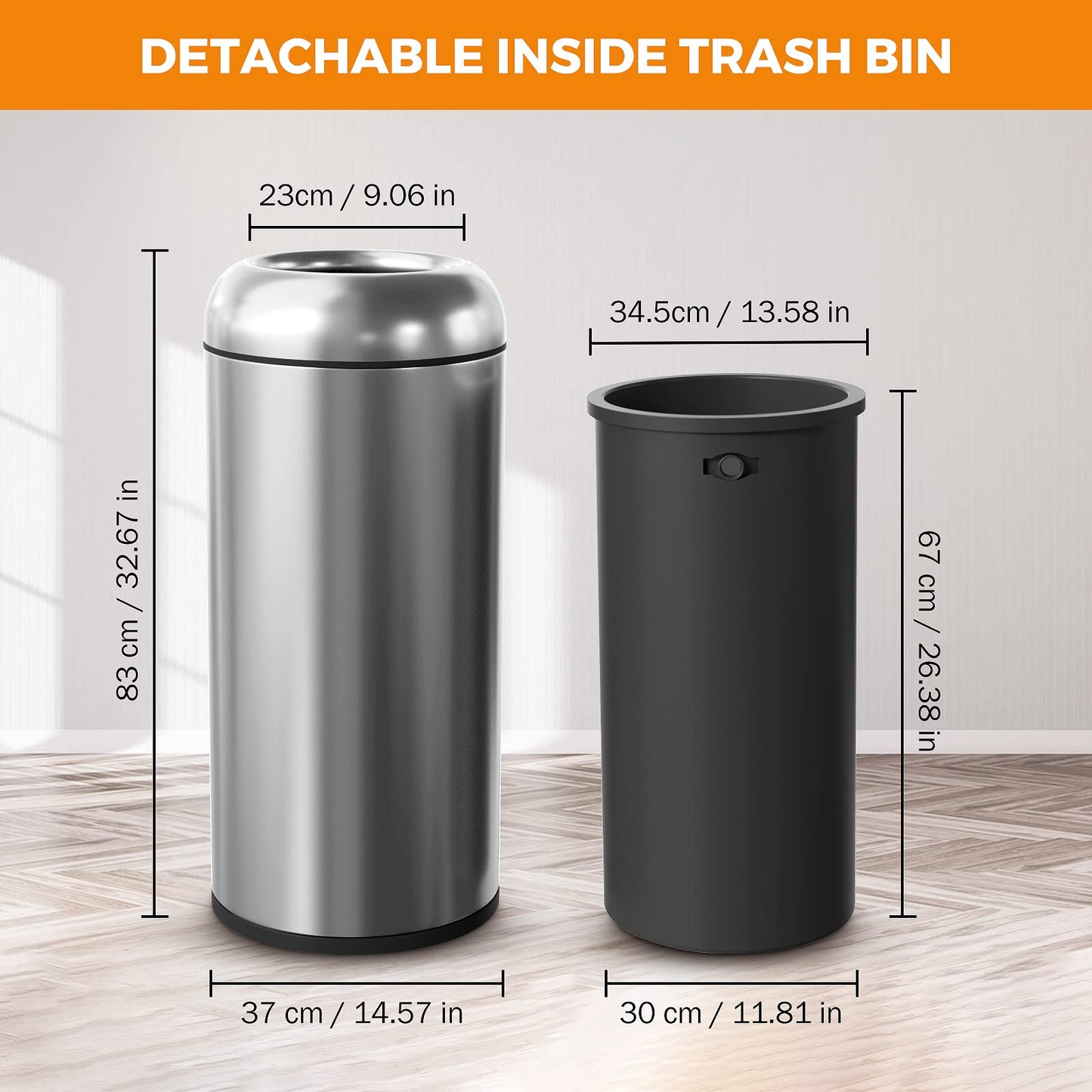BEAMNOVA 35.5 * 15.8 * 15.8 in + 16.5 Gallon Open Top Trash Can Outdoor Top Tray Matte Black Stainless Steel Commercial Garbage Enclosure