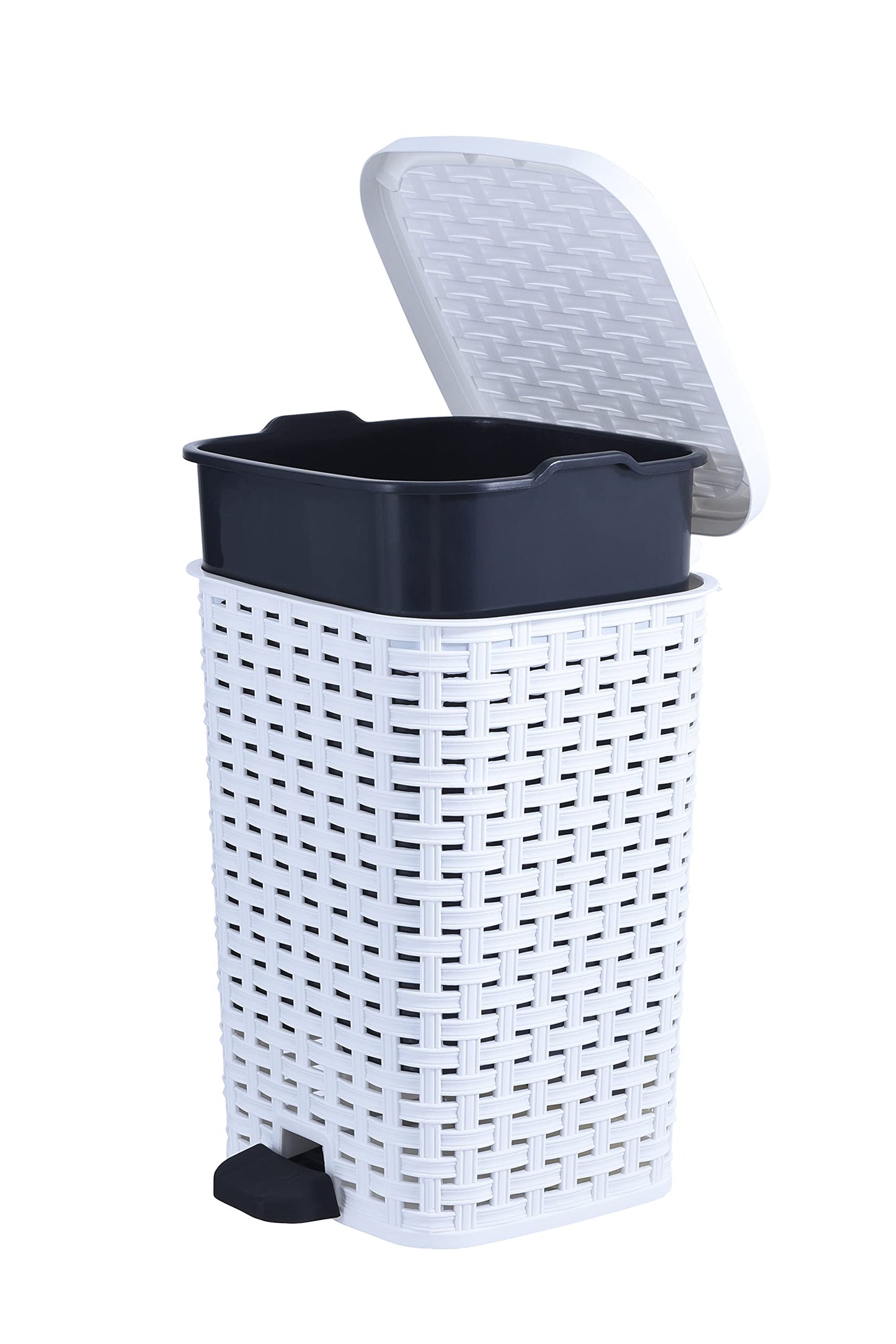 Superio Small Outdoor Trash Can with Lid for Dog Poop 3 Gallon/12 L Mini Plastic Garbage Can with Foot Pedal for Bathroom, Bedroom, Office, Patio, Wicker White, 8 Pack