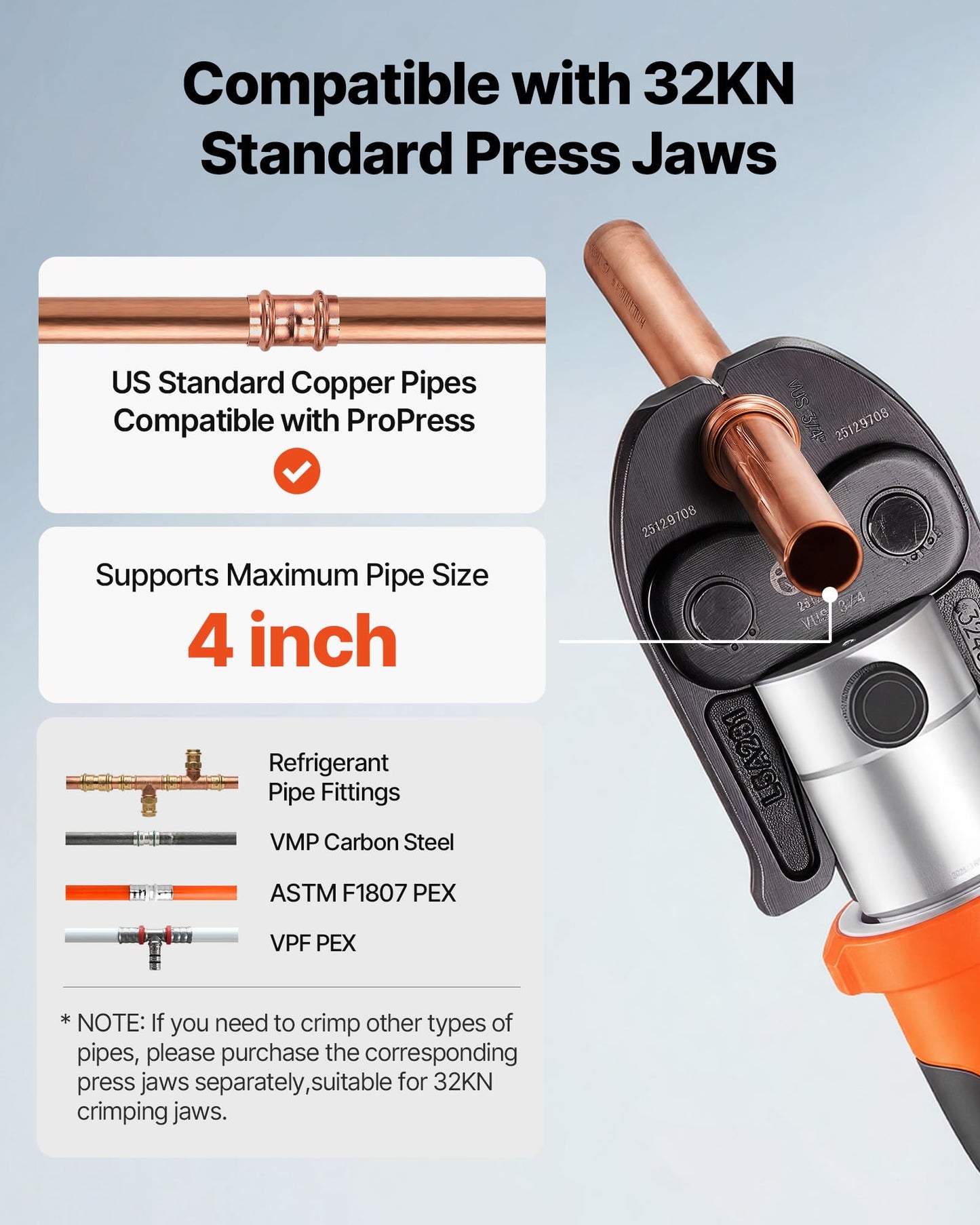 VEVOR Press Tool, 18V Electric Crimping Tool for 1/2", 3/4", 1", 1-1/4", 1-1/2", 2" Copper Pipes, 32KN Press Tool Compatible with ProPress - with 6 VUS Jaws, 2PCS 4AH Batteries, Charger & Toolbox